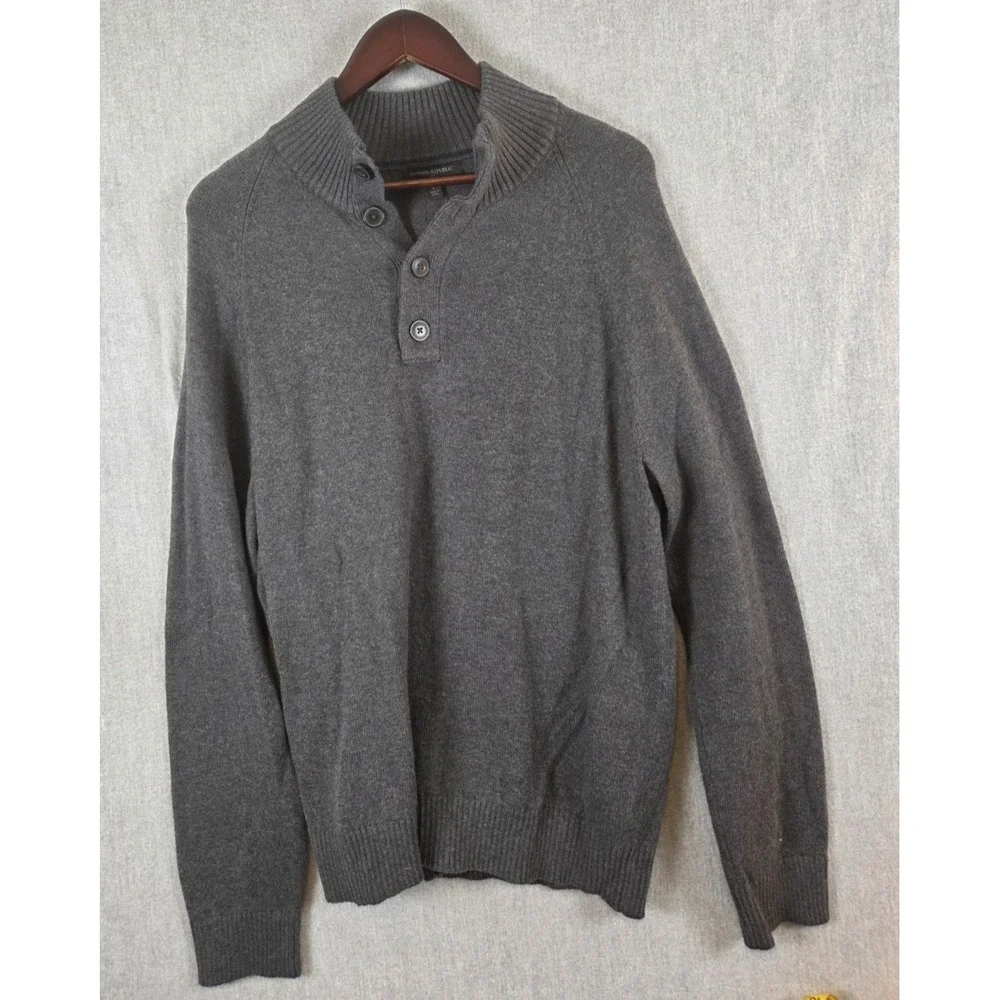Banana Republic Mock Button Neck Sweater Mens L Wool Blend Charcoal Dada Grandpa